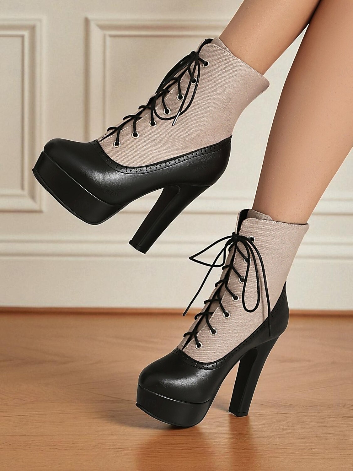 Botas femininas de salto alto com cadarço cor de vinho – botinhas plataforma estilo brogue vintage com painel de lona para festa e moda de outono de 2025 por $59.99 –P4