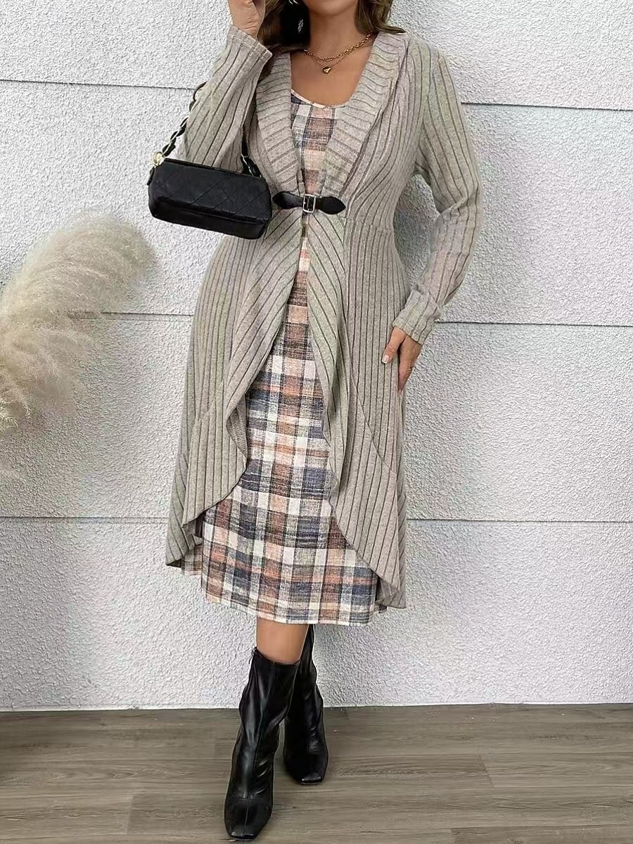 Mulheres Suéter Vestido de moletom Conjunto de suéter Elegante Moda Roupa de rua Xadrez Estriado Decote V Patchwork Imprimir Manga Longa Tops longos Tricotar Ao ar livre Diário Final de semana Cáqui de 2026 por $48.99 –P4