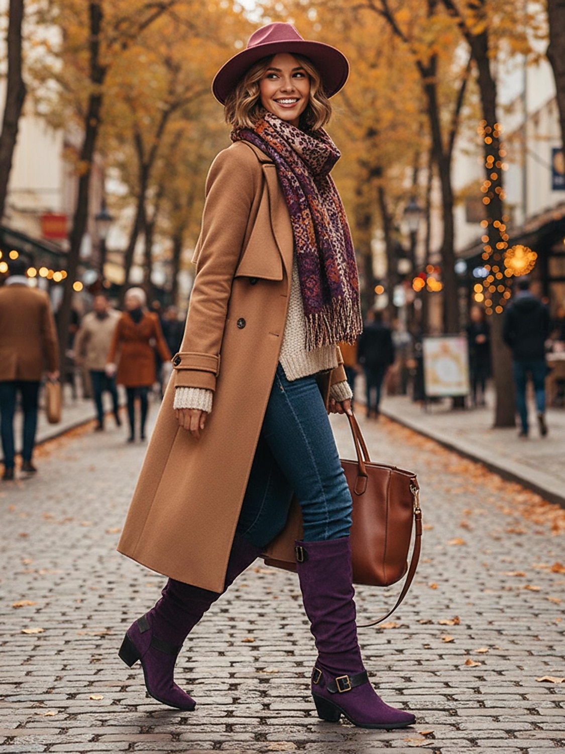 Paarse suède knielaarzen voor dames met gespen – western cowboystijl laarzen met blokhak voor herfstmode, Halloween-outfits en outdoor streetwear 2026 - $69.99 –P1