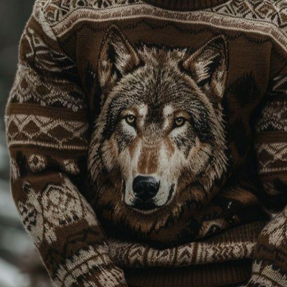 Herren Tiermotiv Wolf Pullover Fair Isle Sweater Strickware Rundhalsausschnitt Lässig Urlaub Täglich 3D-Druck warm halten Langarm Frühling Herbst Winter Braun 2025 - $32.99 –P2