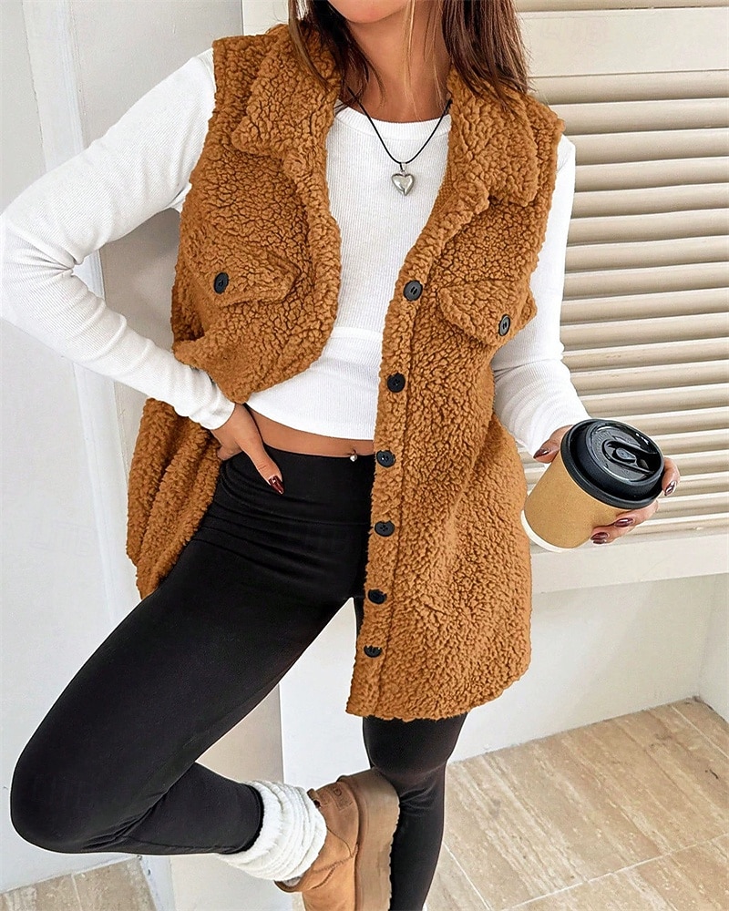 Femmes Veste en Polaire Veste Décontractée Chaud Confortable Avec Poches Boutons Mode Extérieur Uni Sortir Week-end Simple Boutonnage Régulier Revers Coupe régulière manche longue Vêtements de 2025 ? $23.99 –P7