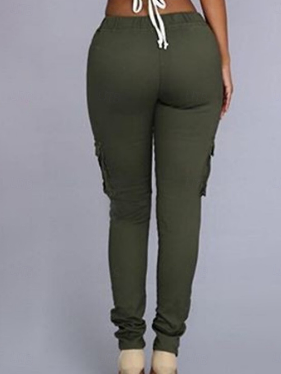 Mulheres chinês calças justas Moda Roupa de rua Casual Comprimento total Cintura Alta Tecido Com Cordão Bolsos Confortável Macio Micro-Elástica Ao ar livre Rua Branco Verde Tropa Vermelho Verão de 2025 por $19.99 –P6