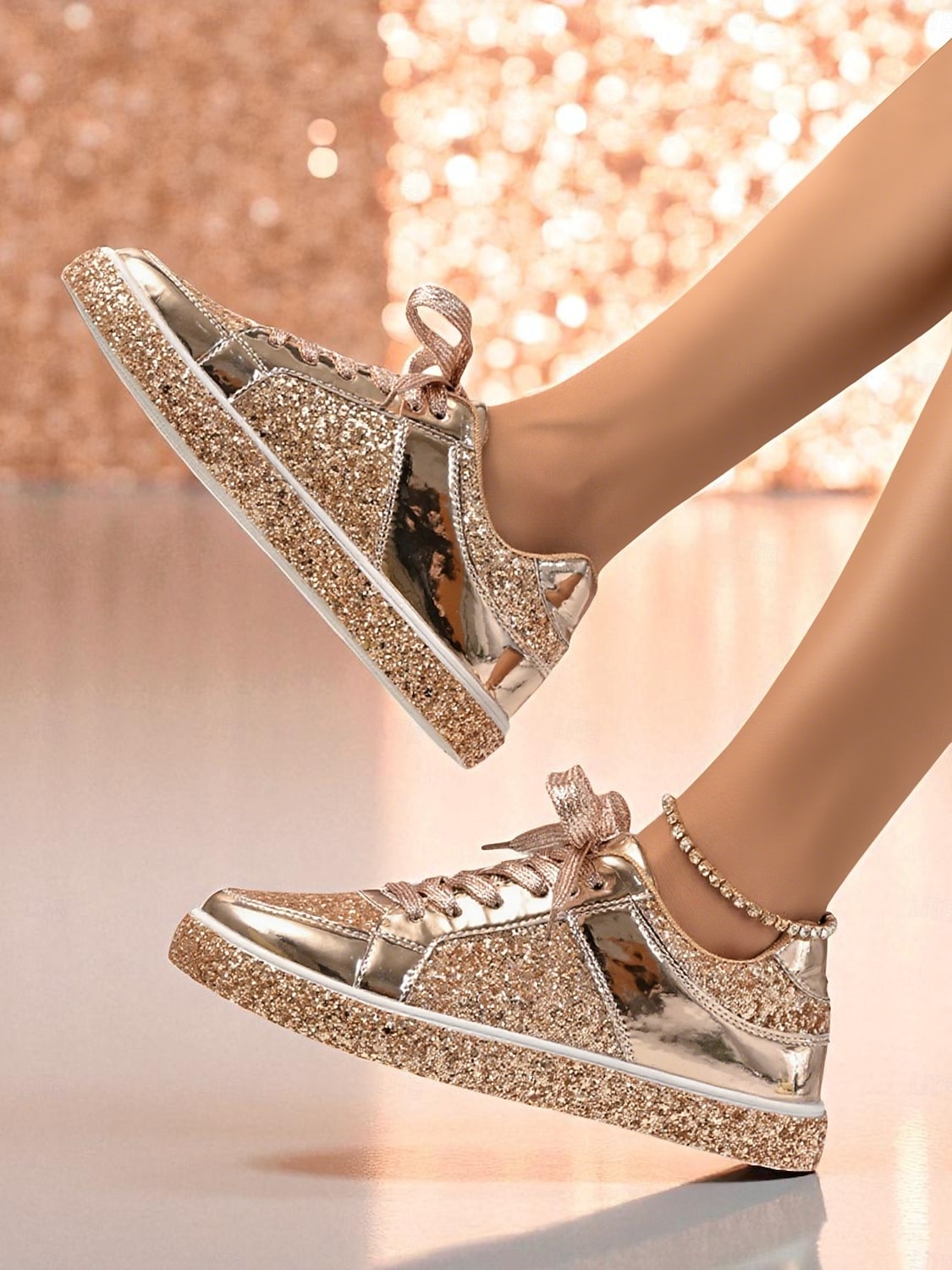 Damsneakers med guldfärgad glitter – glänsande snörskor med glittrig design för nattliv, klubbar och fester 2026 - $42.99 –P2