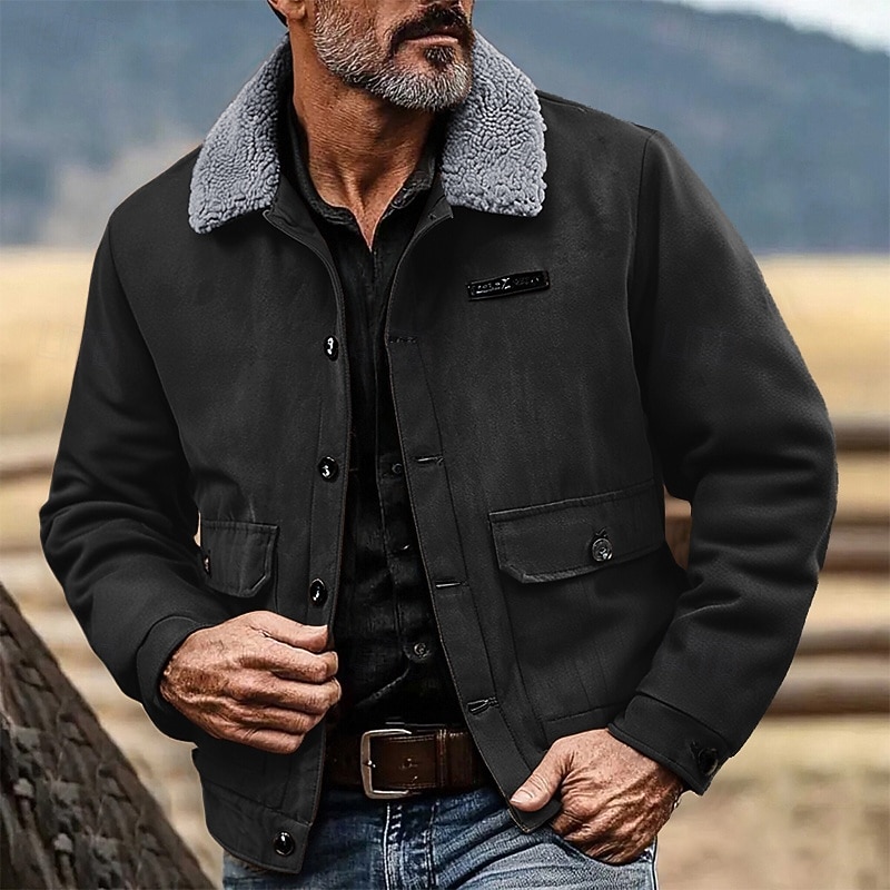 Homens Jaqueta de camurça sintética Jaqueta de Inverno Casaco de lã Jaqueta casual Férias Diário Térmico / Quente Bolsos Tosão Outono Inverno Tecido Moda Roupa de rua Lapela Padrão Preto Cinzento de 2025 por $42.99 –P9