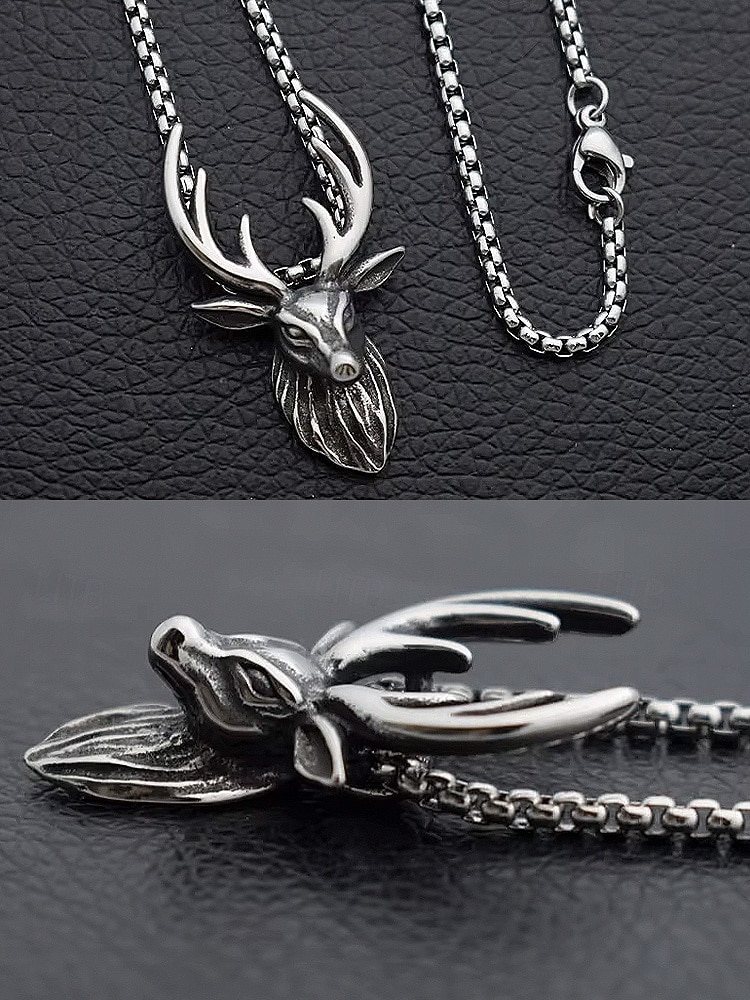 Collier tête de cerf en alliage pour homme - Collier pendentif bois de cerf vintage, parfait pour le style extérieur et comme cadeau de Noël de 2025 ? $7.99 –P8