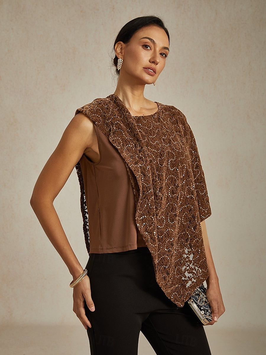 Damskie Bluzka Ponczo Bluzki koronkowe Cekiny Koronka iluzjonistyczna Elegancja Zabytkowe Półgolf Zwykłe topy Wieczorna impreza Gość weselny Stroje na imprezy wieczorowe Brązowy Wiosna Jesień 2026 - $87.99 –P5