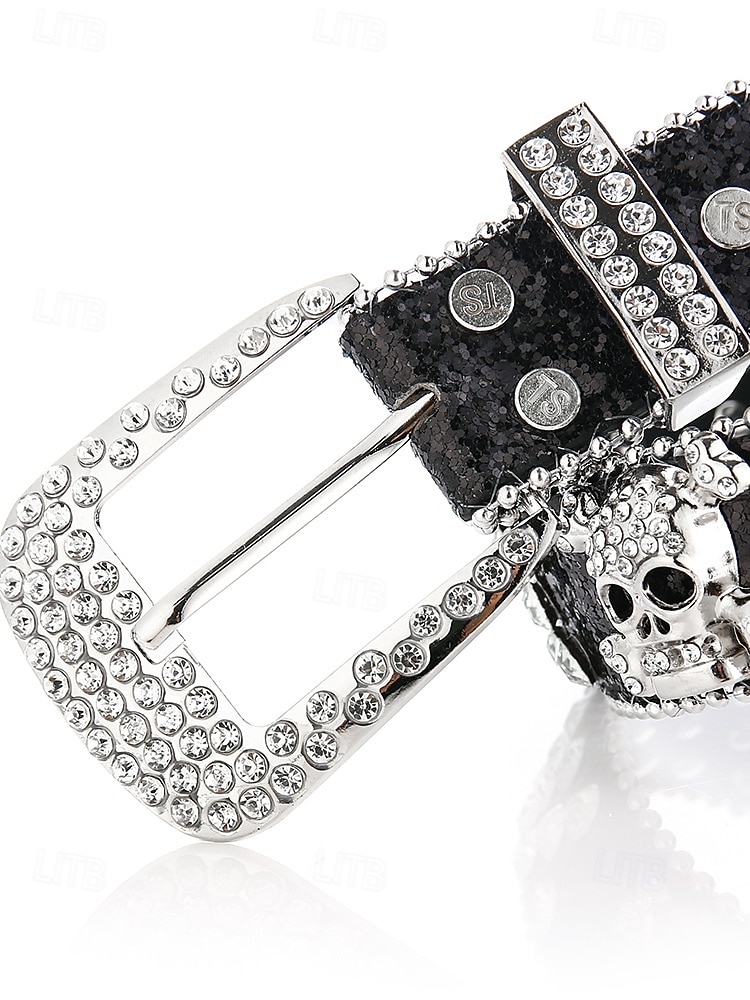 Ceinture unisexe Halloween en strass avec tête de mort – Accessoire de taille en similicuir punk rock scintillant pour fêtes, concerts et costumes de 2025 ? $18.99 –P6
