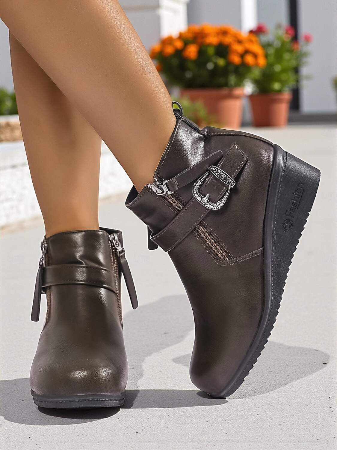 Dámské Boty Denní Kotníkové boty Booties Přezky Klín Oblá špička Na běžné nošení Minimalismus Umělá kůže Zip Spona Černá Hnědá 2025 - $32.99 –P5