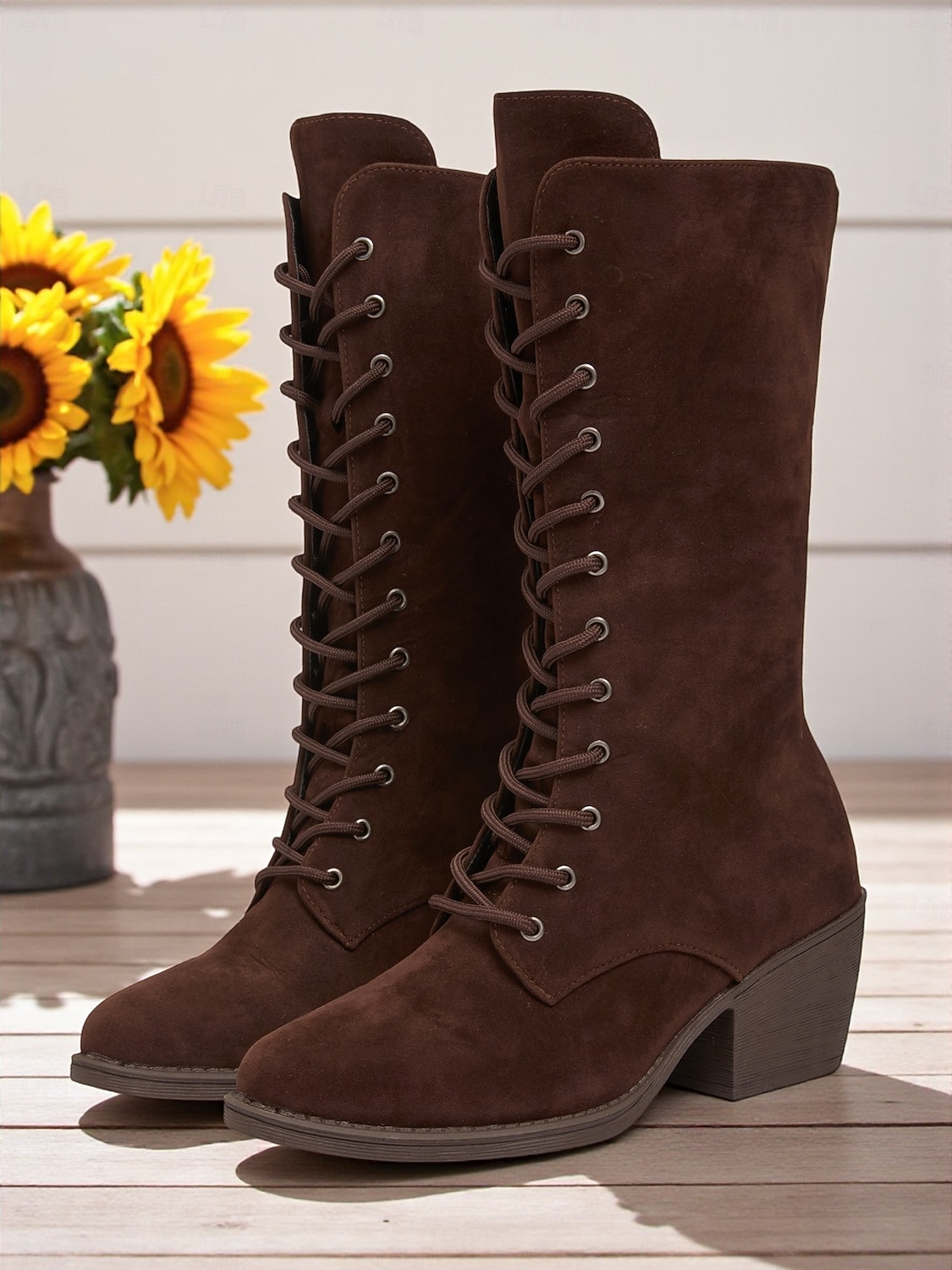 Botas femininas de cano médio em camurça sintética marrom escuro com salto grosso – botas estilo vintage para outono e inverno e uso diário de 2025 por $42.99 –P3