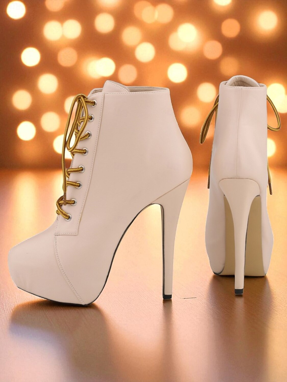 Botas femininas plataforma de couro sintético bege com cadarço - sapatos de festa com salto alto e salto agulha para vida noturna e balada de 2025 por $59.99 –P3