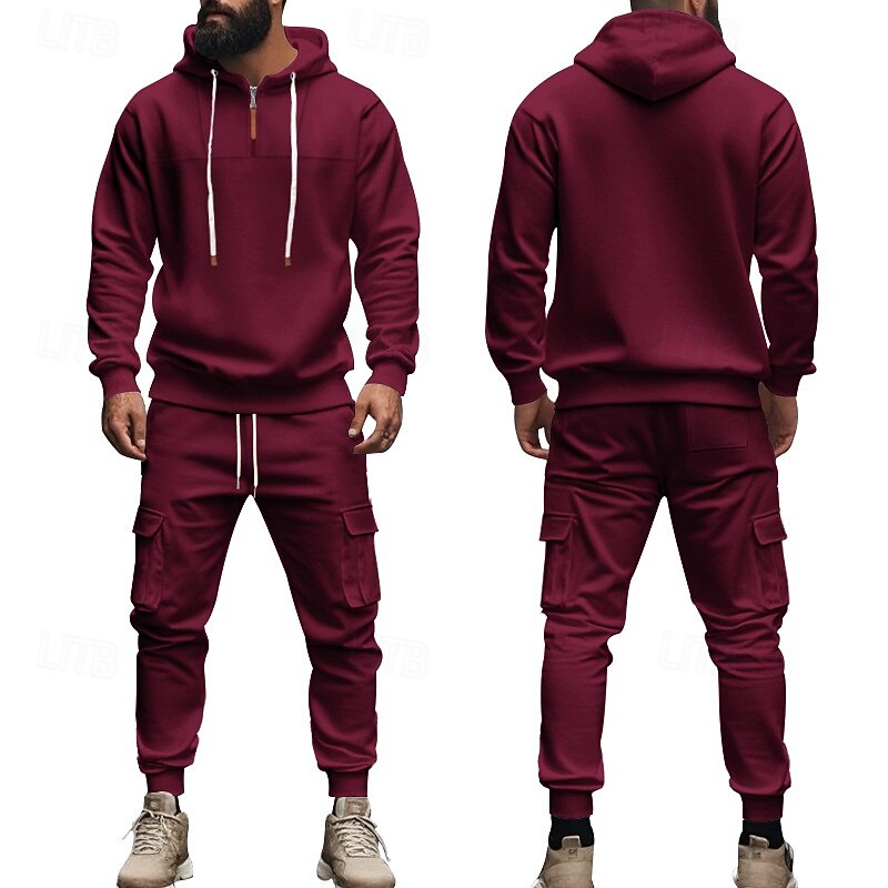 Homme Ensemble Survetement Ensemble de tenues Ensemble de sweats à capuche Sweat à Capuche Extérieur Quotidien Sports Cordon de serrage Avec Poches Uni Rouge vin Noir Blanche Polyester Tenues de Sport de 2026 ? $57.99 –P13