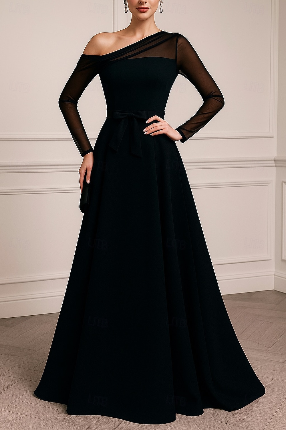 Rochie de seară elegantă, cu imprimeu A-line, cu cravată neagră, rochie de seară elegantă, rochie de seară formală, lungime la podea, mânecă lungă, cu umăr decupat, satin și pliuri, 2025 2025 - $124.99 –P1