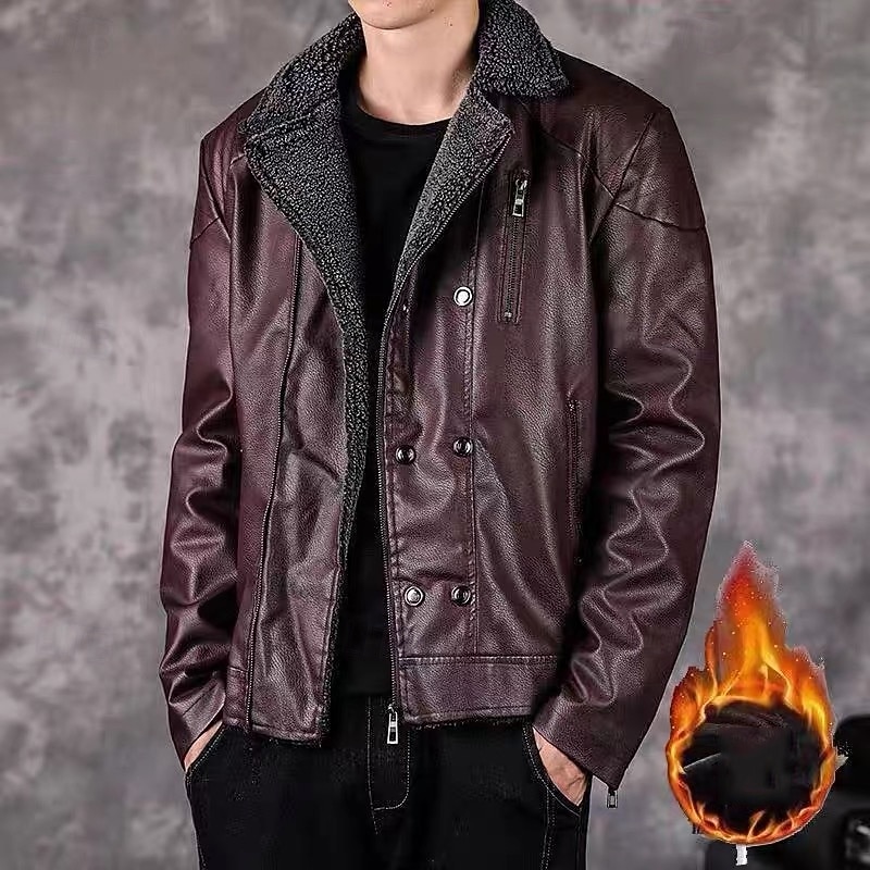 Men's Faux Leather Jacket Fleece Jacket Biker Jacket Motorcycle Jacket Daily Vacation Windproof Warm Pocket Fall Winter Plain Fashion Classic Lapel Regular Faux Leather Black Wine Jacket 2026 - $50.99 –P4