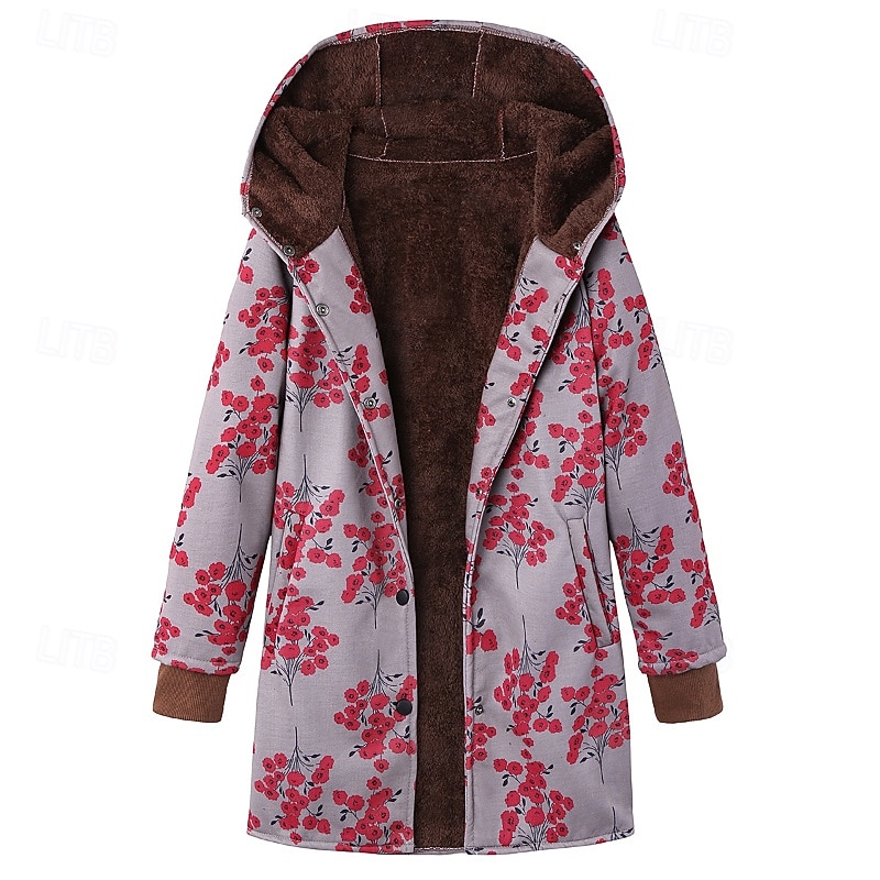 Damen Wintermantel Mantel Kapuzenjacke Warm Bequem Tasche Knöpfe Lässig Blumen Urlaub Ausgehen Wochenende Regulär Kapuzenpullover Normale Passform Langarm Oberbekleidung Weiß Gelb Rote Herbst Winter 2025 - $39.99 –P2