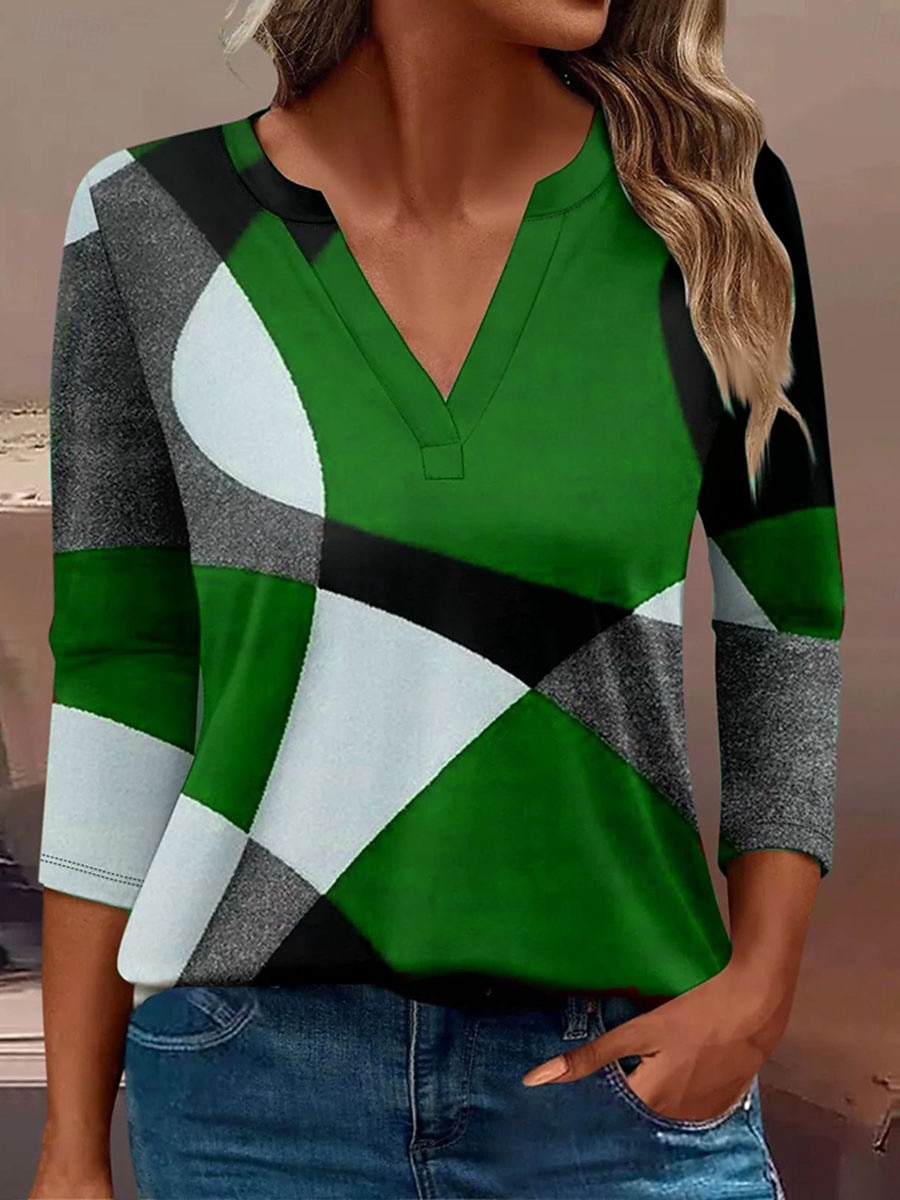 Femmes T-shirt Graphique Géométrique ancien Élégant Classique manche longue Col en V Encolure en V Hauts Réguliers Quotidien Imprimé Rouge Bleu Violet Vert Printemps Automne Hiver de 2025 ? $27.99 –P4
