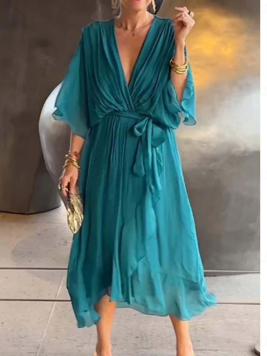 Damen Maxikleid A Linie Kleid Lässig Täglich Normale Passform Einfach Dreiviertelarm V Ausschnitt Schwarz Blau Orange Grün Frühling Herbst 2026 - $32.99 –P6