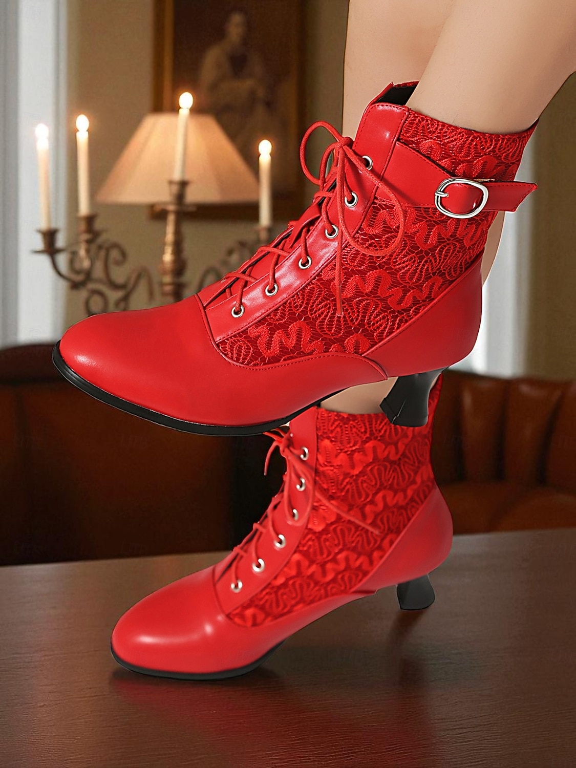 Dámské viktoriánské krajkové kotníkové boty – černé síťované kotníkové boty na podpatku z roku 1900 s přezkou na gotické kostýmy a vintage cosplay 2025 - $54.99 –P3