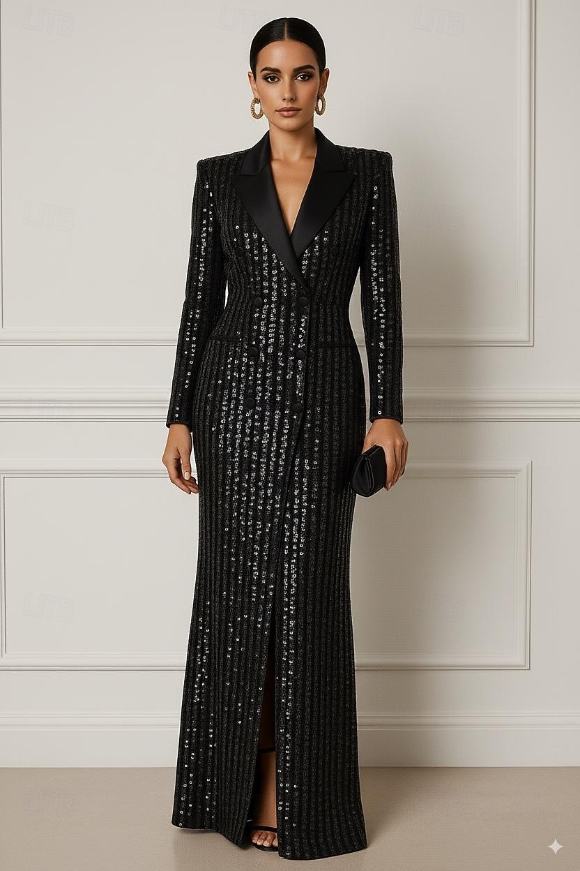 sequin long sleeve blazer dress Sequins On The Rocks Blazer Dress in Black