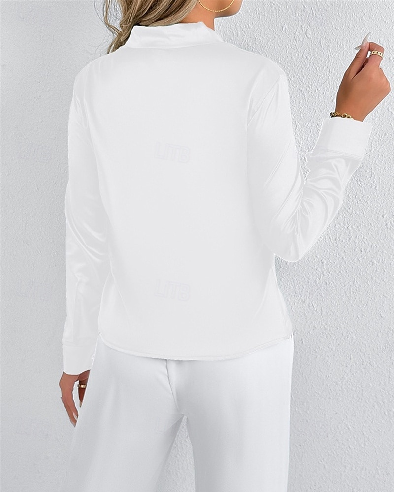 Per donna Camicia Camicia in raso Tinta unica Elegante Casual Manica Lunga Scollo a V Top Regolari Quotidiano Uscire Nodo frontale Nero Bianco Primavera Autunno del 2025 a $18.99 –P6