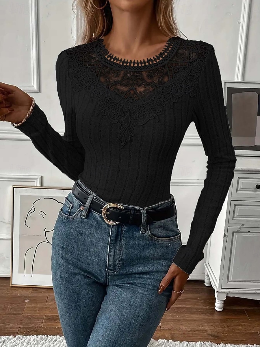 Per donna Blusa Pizzo Patchwork Tinta unica Elegante Essenziale Casual Manica Lunga Girocollo Top Regolari Quotidiano Nero Bianco Rosa Viola Grigio Primavera Autunno Inverno del 2026 a $21.99 –P8