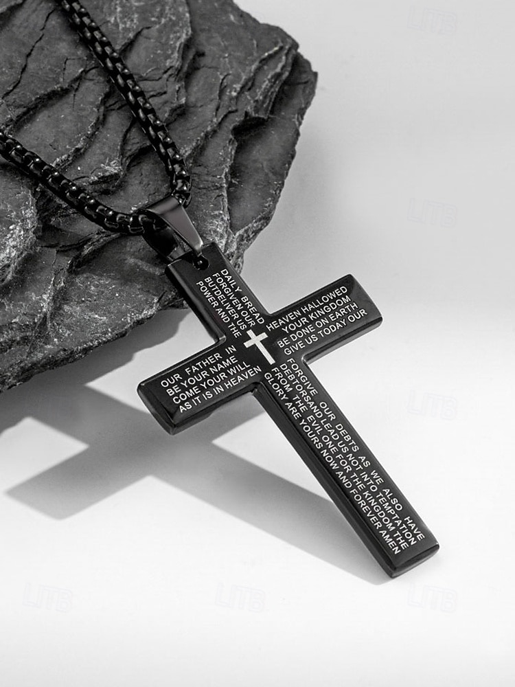Męski naszyjnik z krzyżem ze stali tytanowej z grawerunkiem modlitwy Pańskiej, łańcuszek z biżuterią religijną dla wyznawców wiary chrześcijańskiej, do noszenia na co dzień i na prezent 2026 - $9.99 –P4
