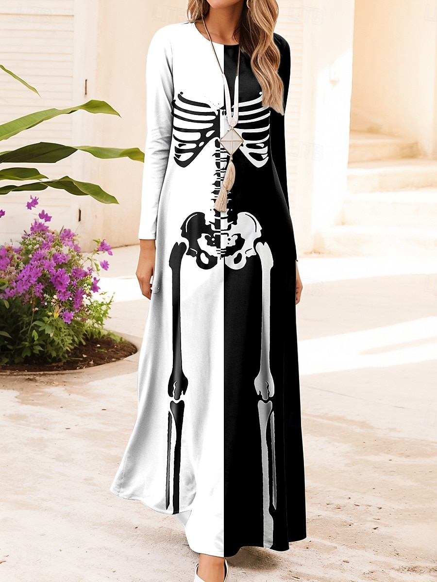 Halloween dámské šaty maxi s potiskem lebek shift šaty A-line šaty ležérní denní regular fit grafika býk dlouhý rukáv kulatý výstřih černá fialová podzim zima 2025 - $34.99 –P7