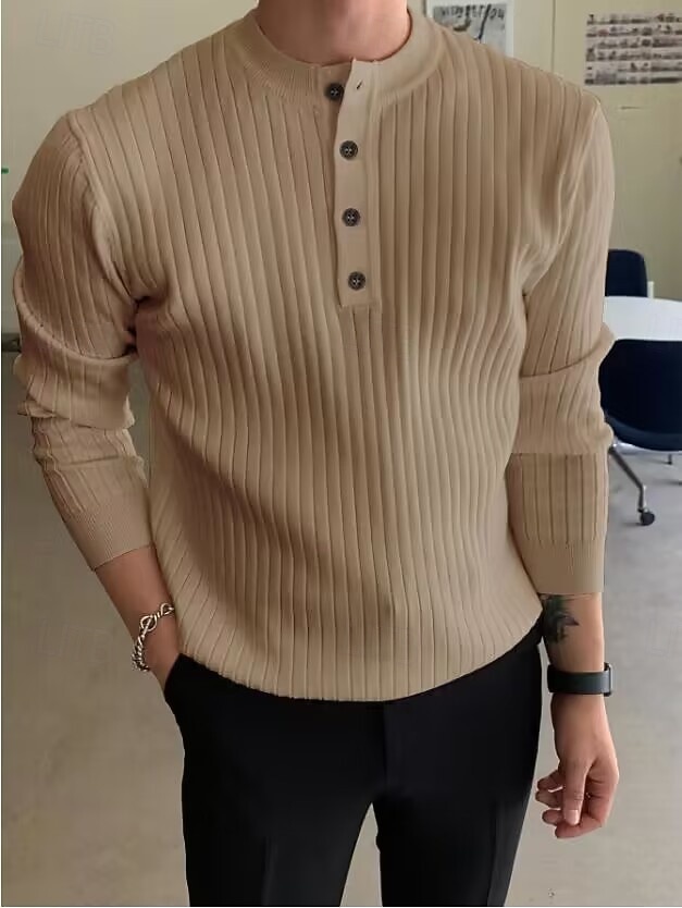 2025年 男性用 Tシャツ マッスルシャツ リブニットTシャツ ティートップ 長袖 ヘンリーカラー 春 秋 冬 平織り ピットストリップ ファッション デザイナー ベーシック 編み バケーション ストリート カジュアル ブラック ホワイト ブルー メンズトップTシャツ  コレクション – $19.99 –P3