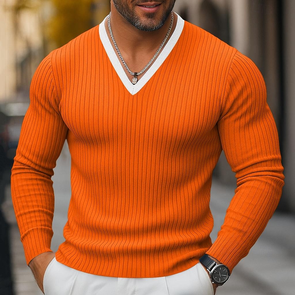 Herren T Shirt Muskelshirt Geripptes Strick-T-Shirt T-Shirt Langarm V Ausschnitt Frühling Herbst Winter Einfach Grubenstreifen Mode Designer Basic Stricken Urlaub Straße Lässig Schwarz Blau Purpur 2025 - $27.99 –P4