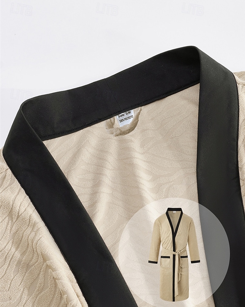 Herr Pyjamas Sovkläder Badrock Slät Mode Stylish Klassisk Hem Dagligen Säng Polyester Komfort Mjuk V-hals Långärmad Ficka Inkl. bälte Vår Höst Svart Vit 2025 - $27.99 –P12