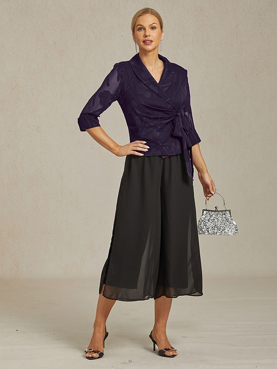 Women's Blazer Lightweight Lace Tie Knot Dressy Tunic Asymmetric Elegant Stylish Floral Wedding Guest Work Daily Open Front Regular V Neck Regular Fit 3/4 Length Sleeve Outerwear Eggplant Summer 2025 - $69.99 –P2