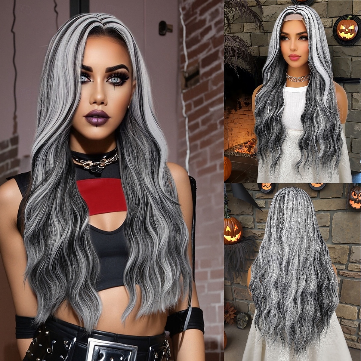 Synthetic Lace Wig Curly Style 26 inch Mixed Color Middle Part U Part Wig Women's Wig Black & White 2025 - $40.99 –P1