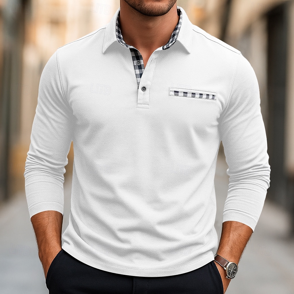 Herren Golfshirt Piqué-Poloshirt Urlaub Arbeit Umlegekragen Langarm Mode Basic Einfarbig Karomuster Kariert Knöpfe Sommer Frühling Herbst Normale Passform Schwarz Weiß Gelb Marineblau Golfshirt 2025 - $27.99 –P1