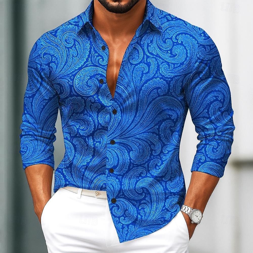 Men's Paisley Floral Print Ethnic Shirt Satin Shirt Dress Shirt Long Sleeve Vintage Retro Vacation Dailywear Summer Spring Fall Turndown 3D Print Button Up Shirts Blue Orange Green 2025 - $27.99 –P1