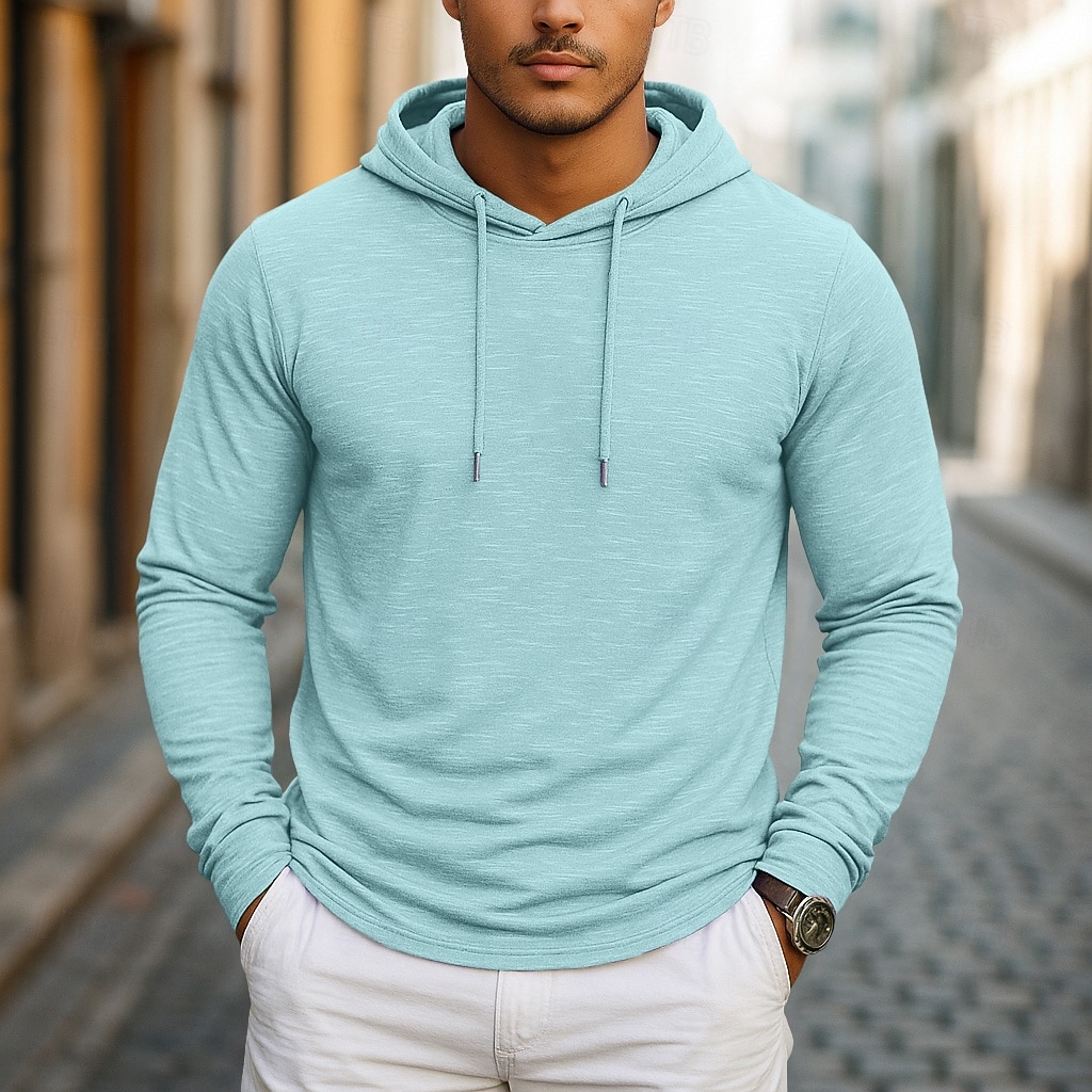 Herren T Shirt Langarm Mit Kapuze Frühling Herbst Ganzjahres Einfarbig Traditionell / Vintage Lässig Mit Kapuze Outdoor Urlaub Lässig Dunkelbraun Grün Hellblau Top T-Shirt für Herren 2025 - $20.99 –P5