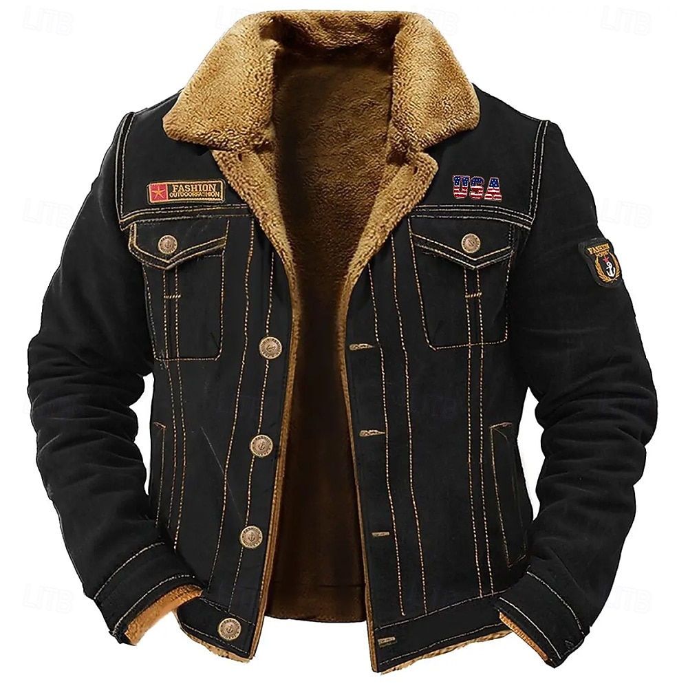 Herre USA Fleece-jakke Cargo jakke Sherpa jakke Taktisk Hold Varm Årgang utendørs Hjem Broderi Flere lommer Vinterfrakker Høst Vinter Fleecekrage med nedfellbar krage Langermet Militærgrønn Mørkeblå 2025 - $52.99 –P1