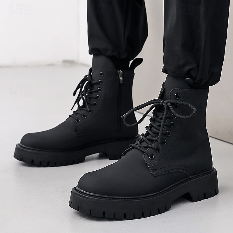 Svarte herrestøvler med snøring og glidelås på siden til kamp, slitesterkt kunstskinn, militærinspirert stil for utendørs-, arbeids- og streetwear-mote 2025 - $59.99 –P7
