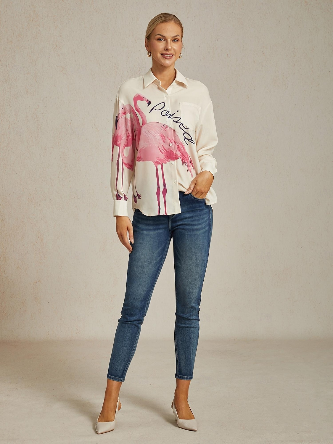 2026年 フラミンゴプリントのゆったりシャツ  コレクション – $15.99 –P1