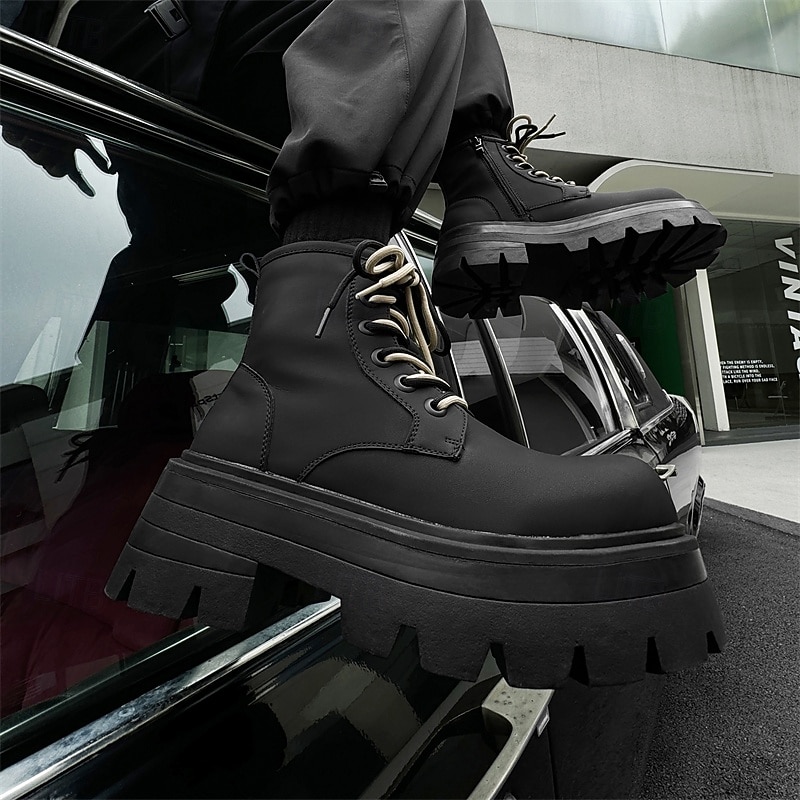 Homme Bottes Bottes de Travail Marche ancien Quotidien PU Augmentation de la hauteur Confortable Bottes Mi-Mollet À lacets Noir Automne Hiver de 2026 ? $79.99 –P9