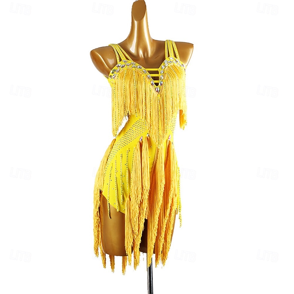 Women's Black Fringe Latin Dance Dress with Rhinestone Detailing, Sleeveless, and Crisscross Straps – Perfect for Salsa, Rumba, and Performance Wear 2026 - $222.79 –P14