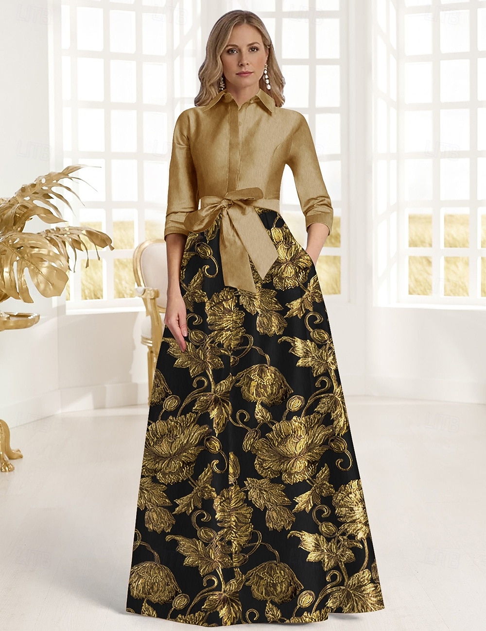 A-Line Floor Length Shirt Dress Wedding Guest Dress Formal Dresses Mother of the Bride Dress 3/4 Length Sleeve Shirt Collar Elegant Formal Holiday Birthday Satin with Bow(s) 2026 - $176.39 –P4