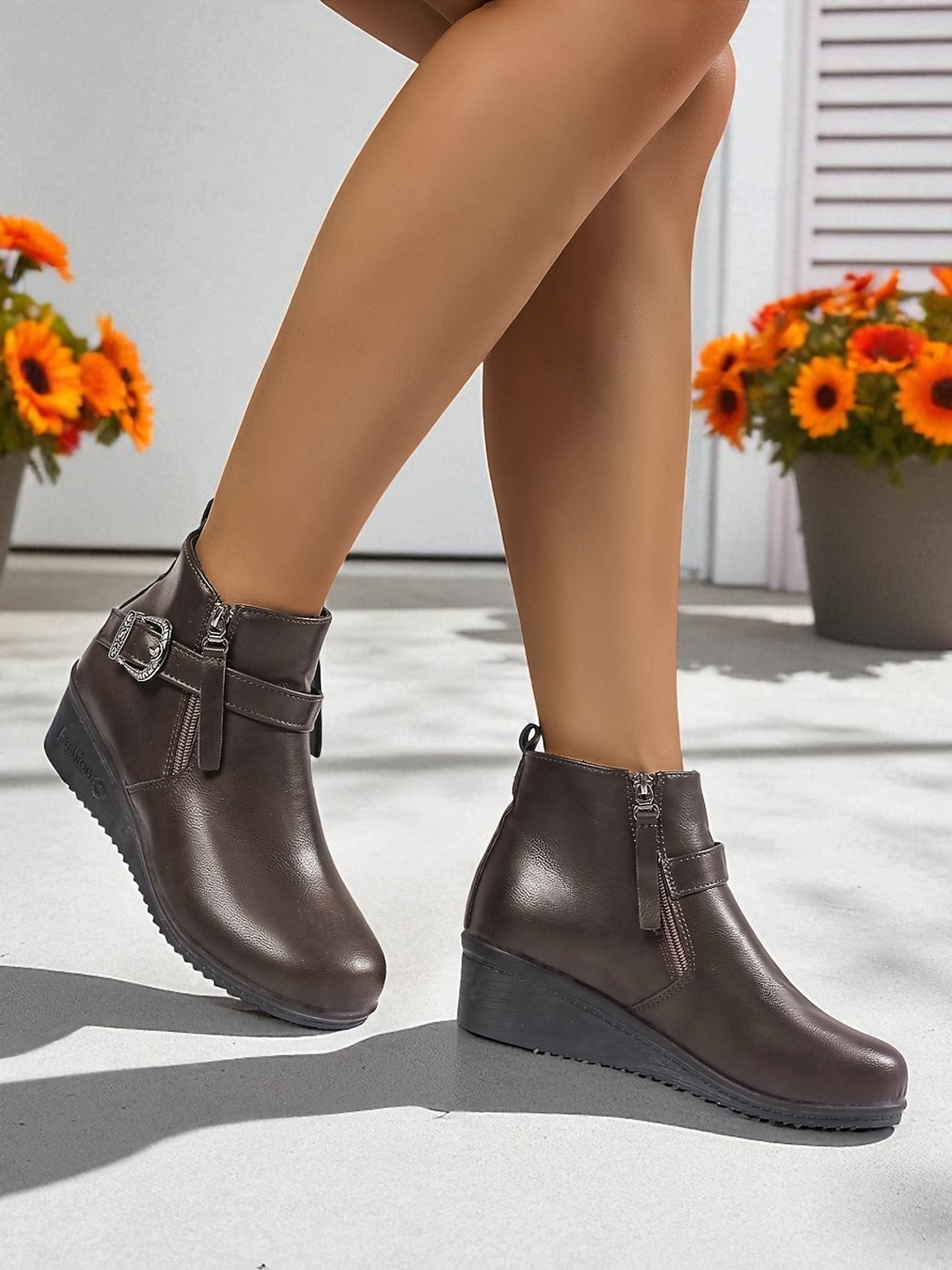 Dámské Boty Denní Kotníkové boty Booties Přezky Klín Oblá špička Na běžné nošení Minimalismus Umělá kůže Zip Spona Černá Hnědá 2025 - $32.99 –P4