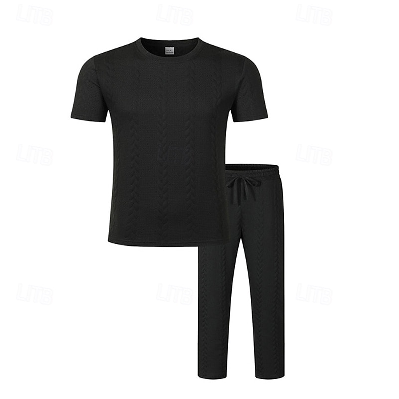Bărbați Costume de tricou Seturi de cămașă și pantaloni tinute 2 piese Manșon scurt Crewneck Vară Primăvară Simplu Modă Casual Jacquard 2 bucăți Vacanță Purtare Zilnică Ieșire Negru Alb Kaki Top 2026 - $34.99 –P11