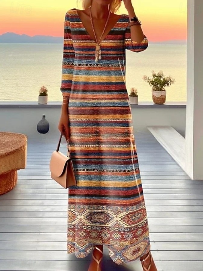 Per donna Abito maxi Vestito T-Shirt Abito a trapezio Vacanza Casual Boho Uscire Vestibilità regolare Floreale Grafico Geometrico Manica Lunga Scollo a V Marrone chiaro Blu Marrone Primavera Autunno del 2025 a $38.99 –P1