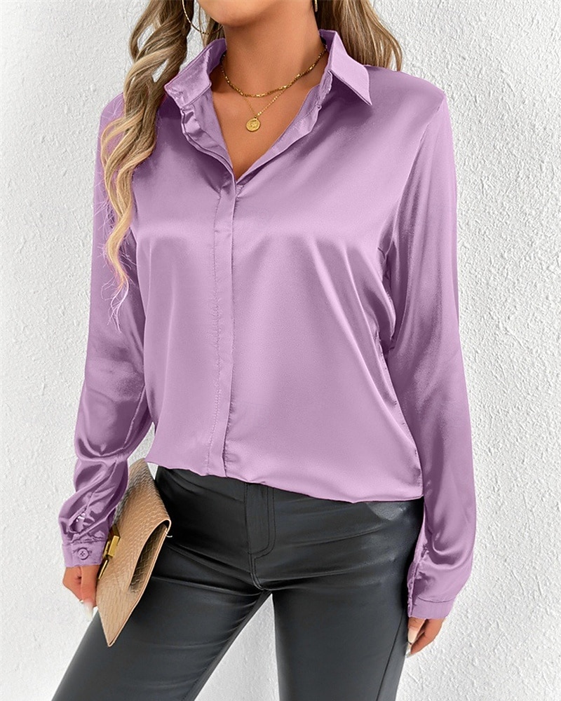 Per donna Camicia Camicia in raso Tinta unica Elegante Casual Manica Lunga Colletto a Camicia Top Regolari Quotidiano Uscire Bottoni Rosa Viola Verde Primavera Autunno del 2025 a $16.99 –P3