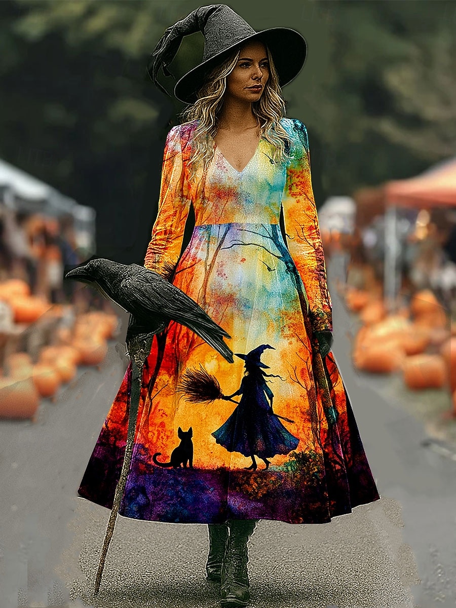 Halloween Naisten Midimekko A linjainen mekko Loma Vapaa-aika Häät Juhla Syntymäpäivä Normaali Kukka Kuvitettu Ruusu 3/4 hiha V kaula-aukko Keltainen Punastuvan vaaleanpunainen Sininen Oranssi Kevät 2025 - $33.99 –P2
