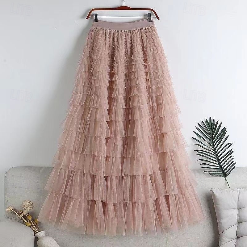 Femmes Jupe Trapèze Élégant Mode Occasionnel Maxi Taille haute Jupes Uni Superposé Micro-Élastique Soirée Rue Vin Noir Blanche Rose Printemps Chiffon Tulle de 2025 ? $29.99 –P4