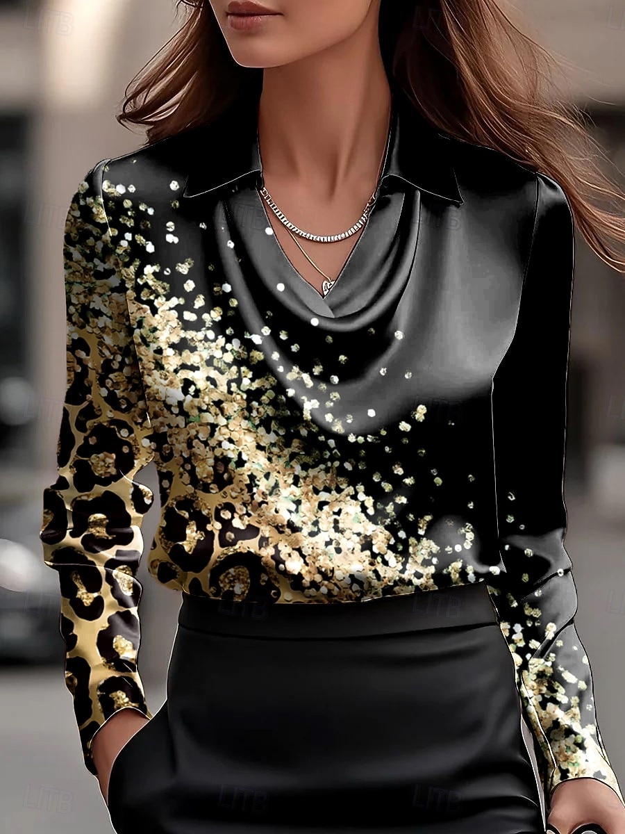 Mujer Camisa Frunce En Cortina Ombre Graphic Geométrico Elegante Básico Casual Manga Larga Cuello vuelto holgado Tops regulares Diario Trabajo Ropa de fiesta de noche En blanco y negro Negro y gris 2026 - $32.99 –P1