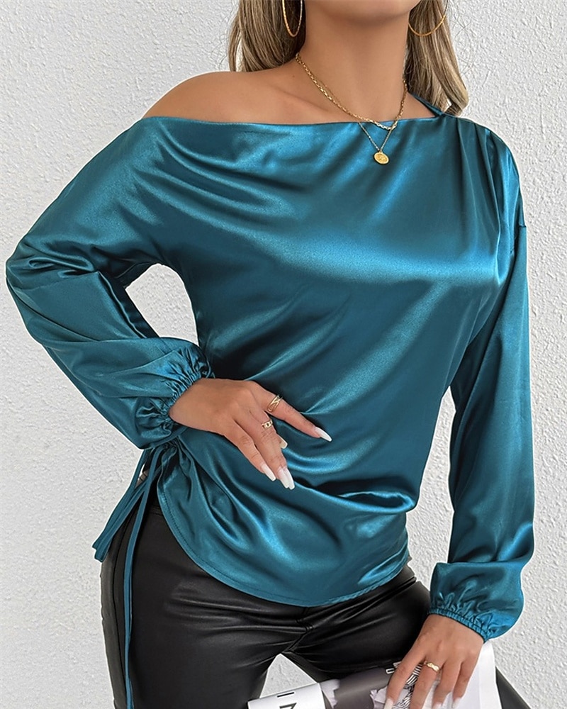 Mulheres Camisa Social Elegant Elegante Top de cetim Assimétrico Côr Sólida Elegante à moda Básico Manga Longa Ombro a Ombro ombro frio Tops regulares Diário Para Noite Azul Primavera Outono de 2026 por $28.99 –P6