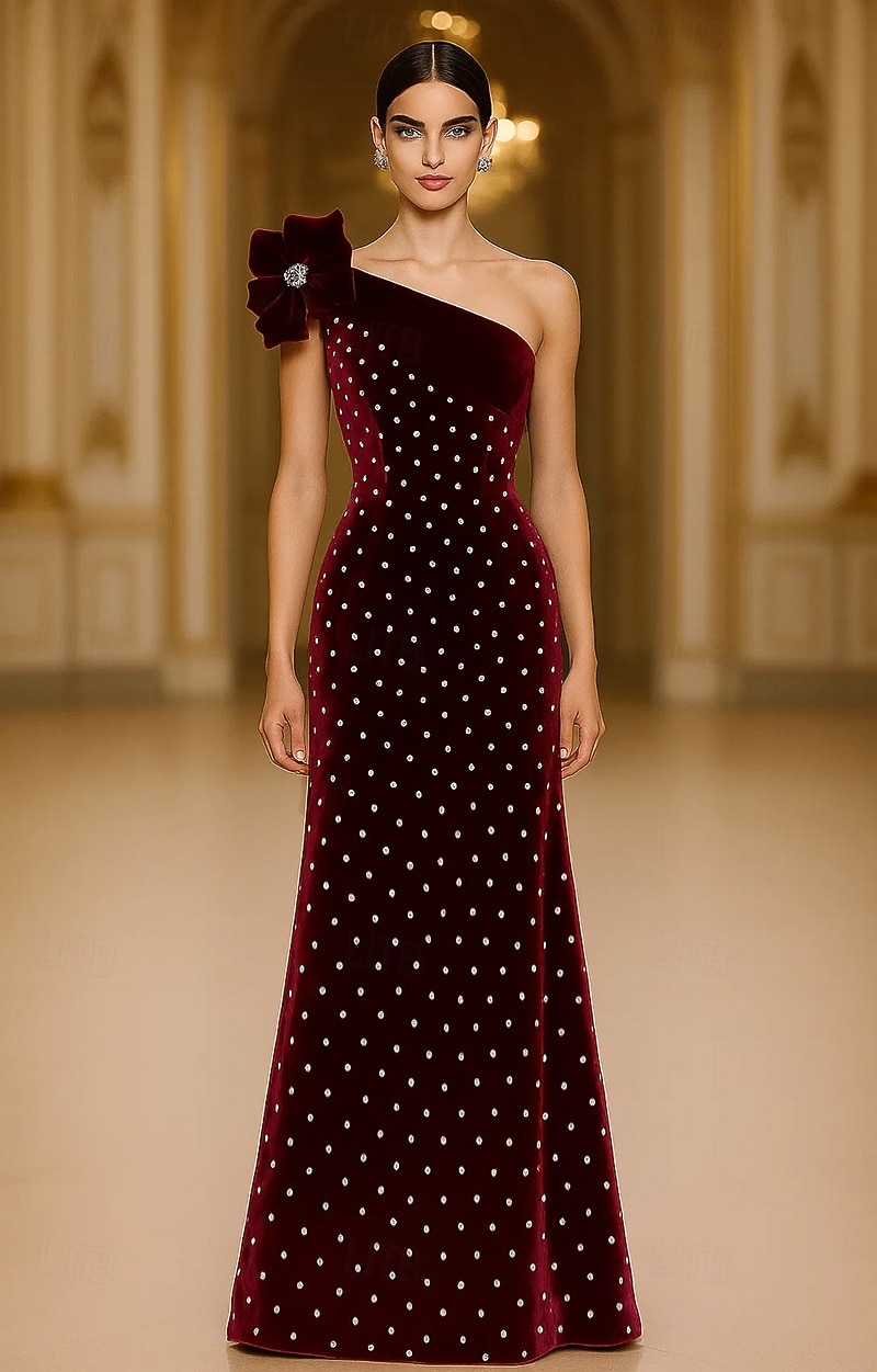 Abendkleid mit schwarzer Krawatte, Etuikleid/Säule, elegantes Abendkleid, formelle Hochzeit, bodenlang, ärmellos, eine Schulter, Samt mit Perlen und Schulterblumen 2025 2025 - $189.99 –P4