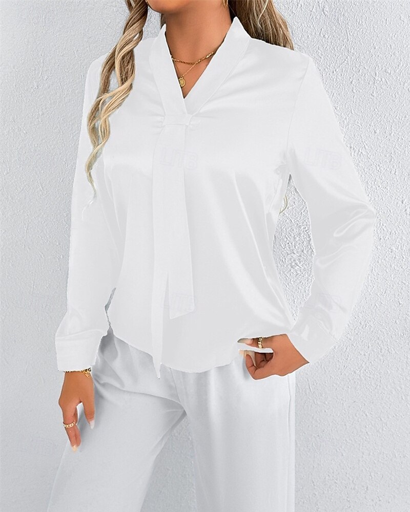 Per donna Camicia Camicia in raso Tinta unica Elegante Casual Manica Lunga Scollo a V Top Regolari Quotidiano Uscire Nodo frontale Nero Bianco Primavera Autunno del 2025 a $18.99 –P2